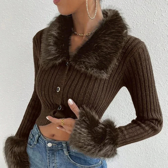 Coffee Brown Casual Women's Borg Collar Fuzzy Cuff Cardigan - Picture 7 of 7